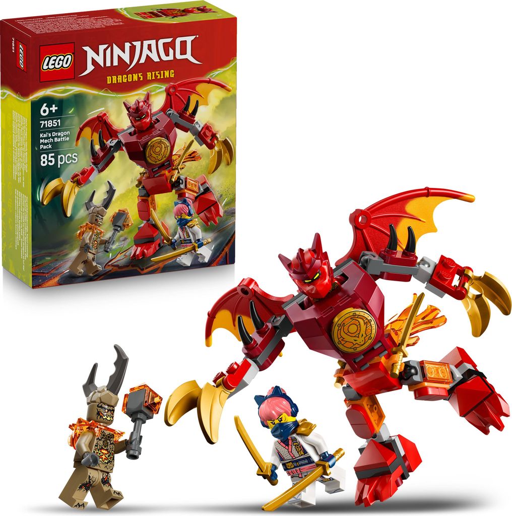 LEGO NINJAGO Kais Drachen-Mech Battle Set - Ninja Spielzeug für Jungen und Mädchen - Modellbau mit Actionfigur, 3 Minifiguren und Katanas - Gesch...
