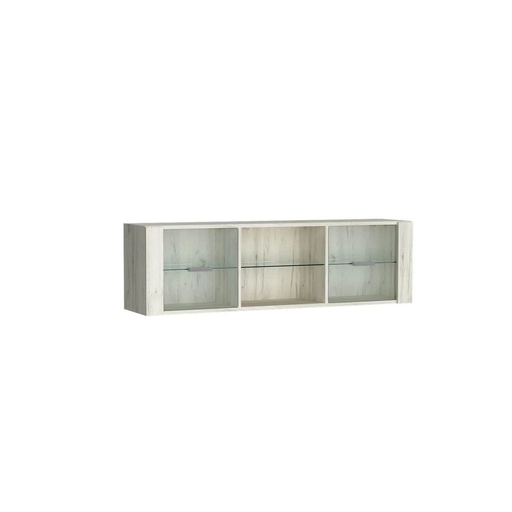 A wall-mounted display cabinet with three compartments and glass shelves.