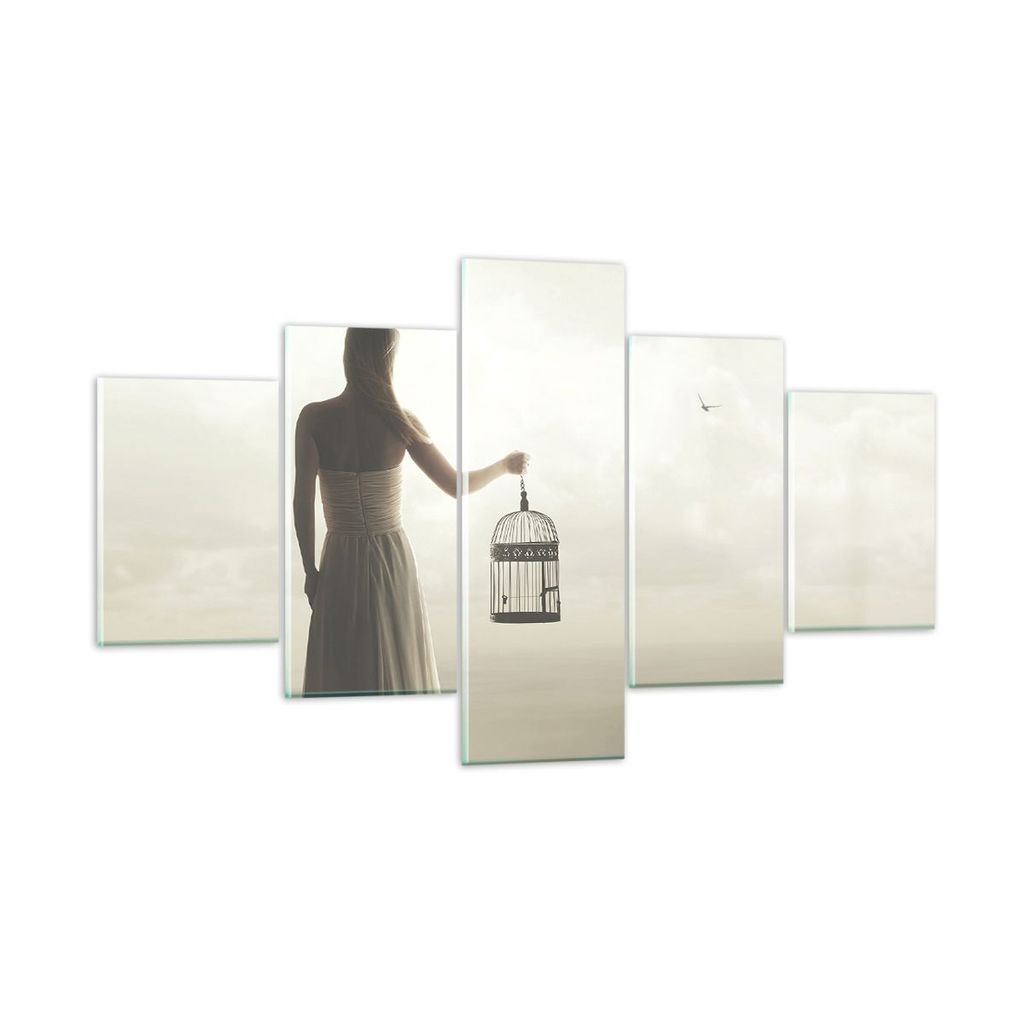 Bilder auf glas - 5 Teile - Frau Käfig Vogel - 125x70cm - Glasbilder - Wandbilder - Bilder - zum Aufhängen bereit - Wanddekoration aus Glas - Gla...