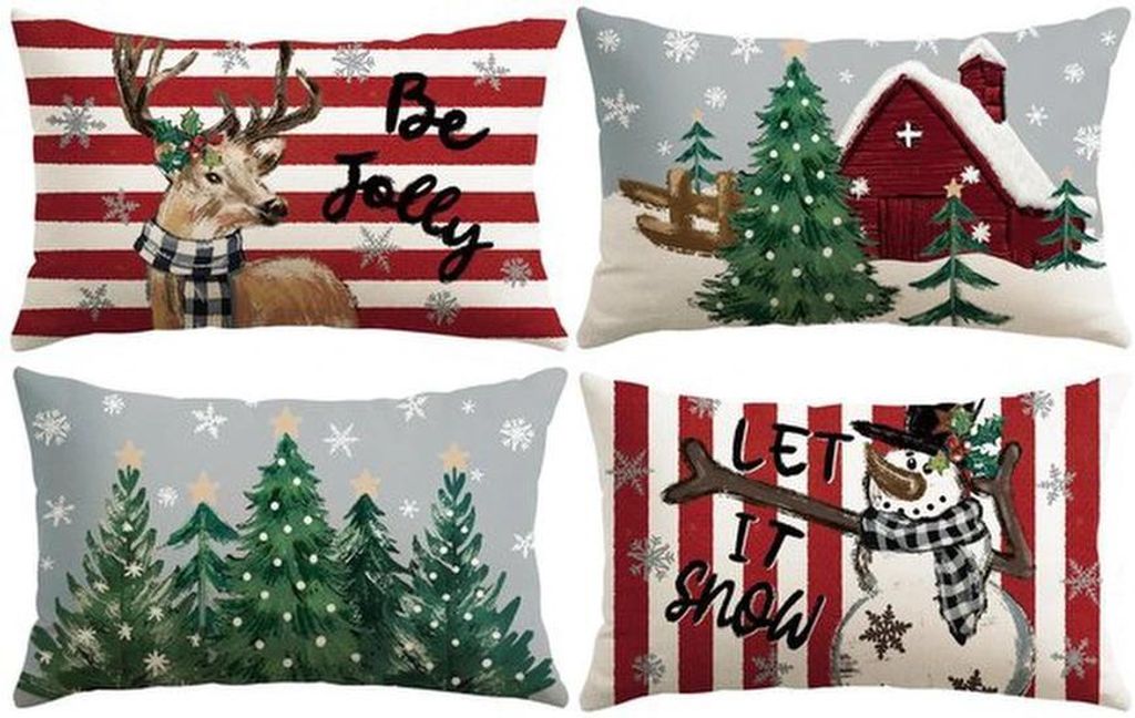 Unyqoos Set mit 4 festlichen Kissenbezügen im Schnee- und Elchdesign für die Weihnachtszeit