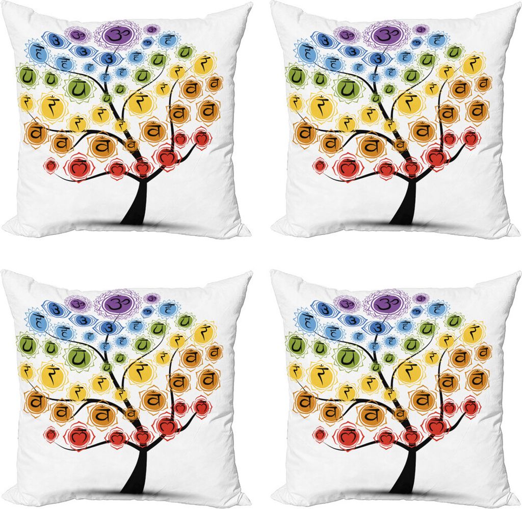 ABAKUHAUS Chakra Kissenbezug Set (4 Stück), Yoga-Baum mit Chakras, Moderner Doppelseitiger Digitaldruck, 40 cm x 40 cm, Mehrfarbig
