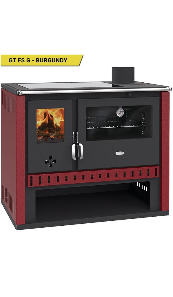 Prity GT FS G – Holzherd, Stahlbackofen, Glaskeramikkochfeld, 15 kW, Bordeaux