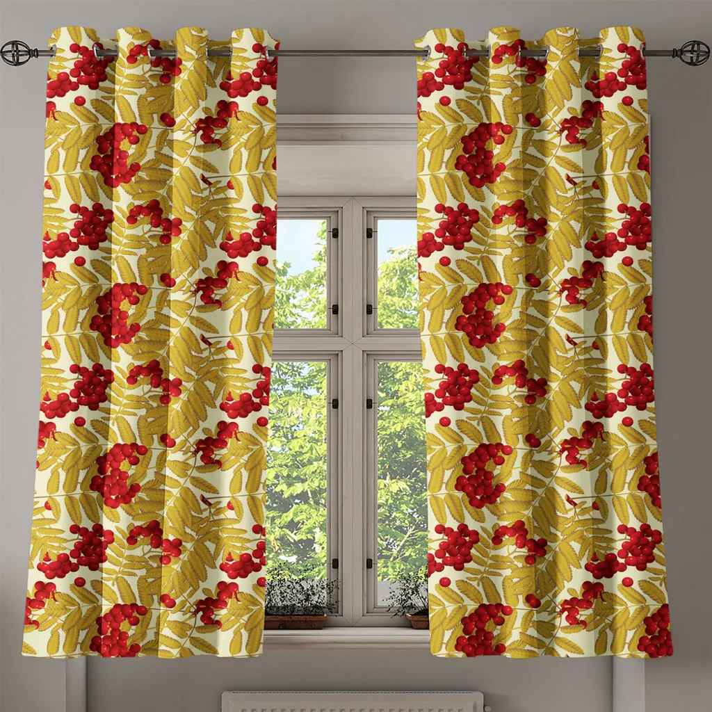 Paire de rideaux décoratifs nature 280x245 cm motif baies et feuilles