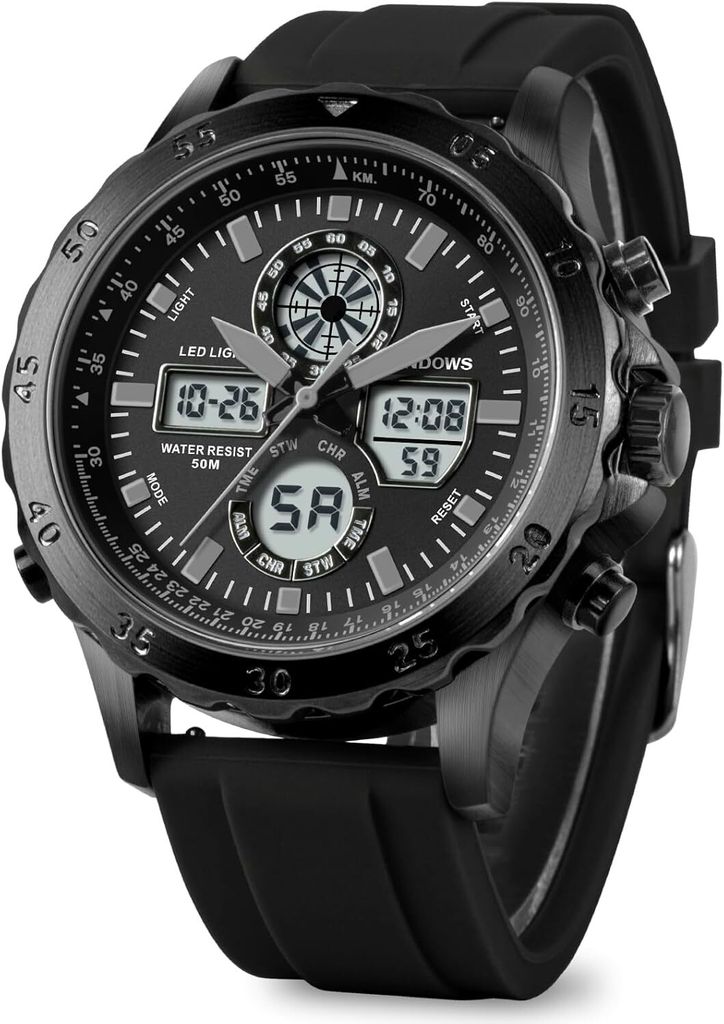 für Herren, wasserdicht, analog, digital, multifunktional, langlebig, Outdoor-Uhr mit LED-Hintergrundbeleuchtung, Alarm, Stoppuhr