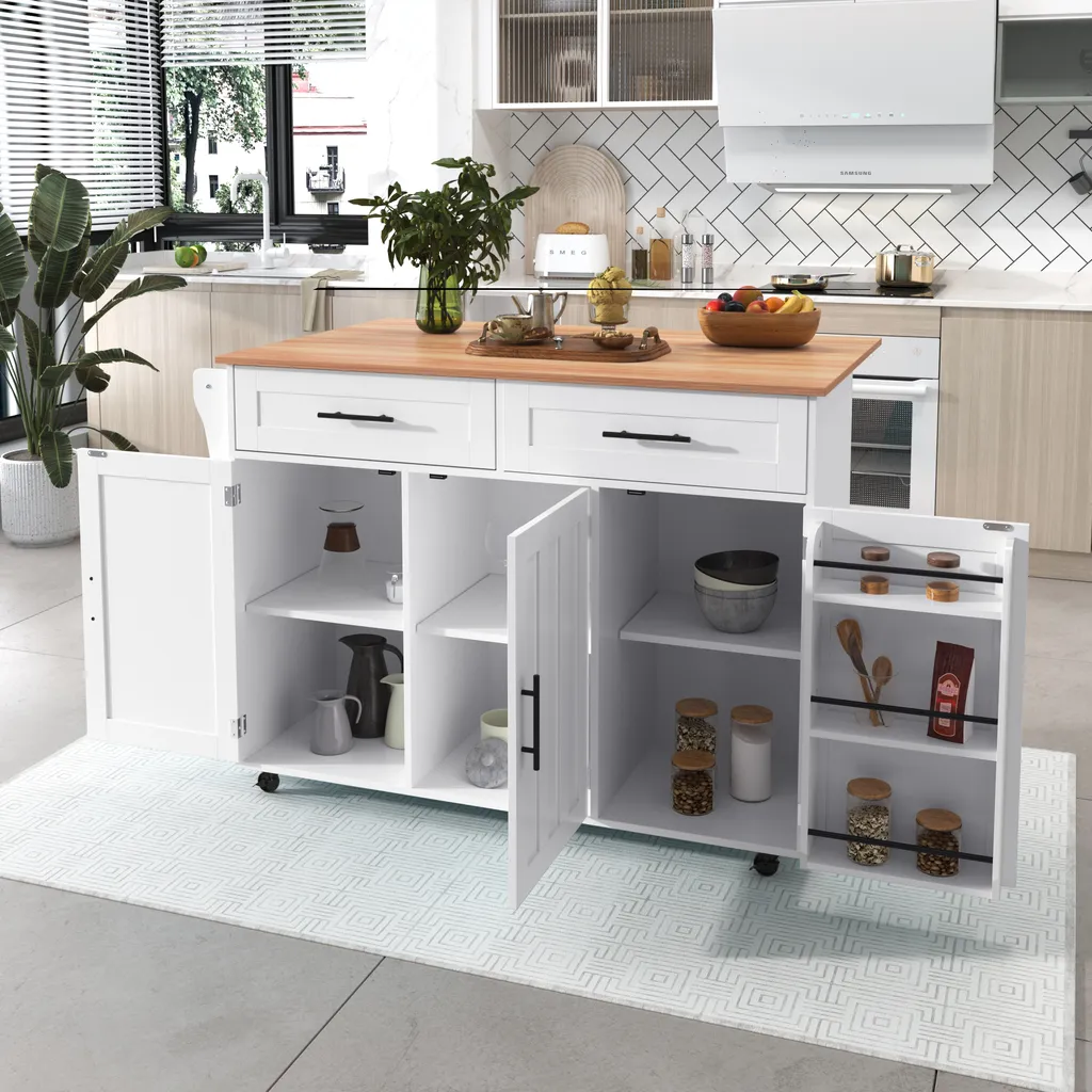 Îlot de Cuisine Amovible Blanc avec Rangement et Plateau Extensible