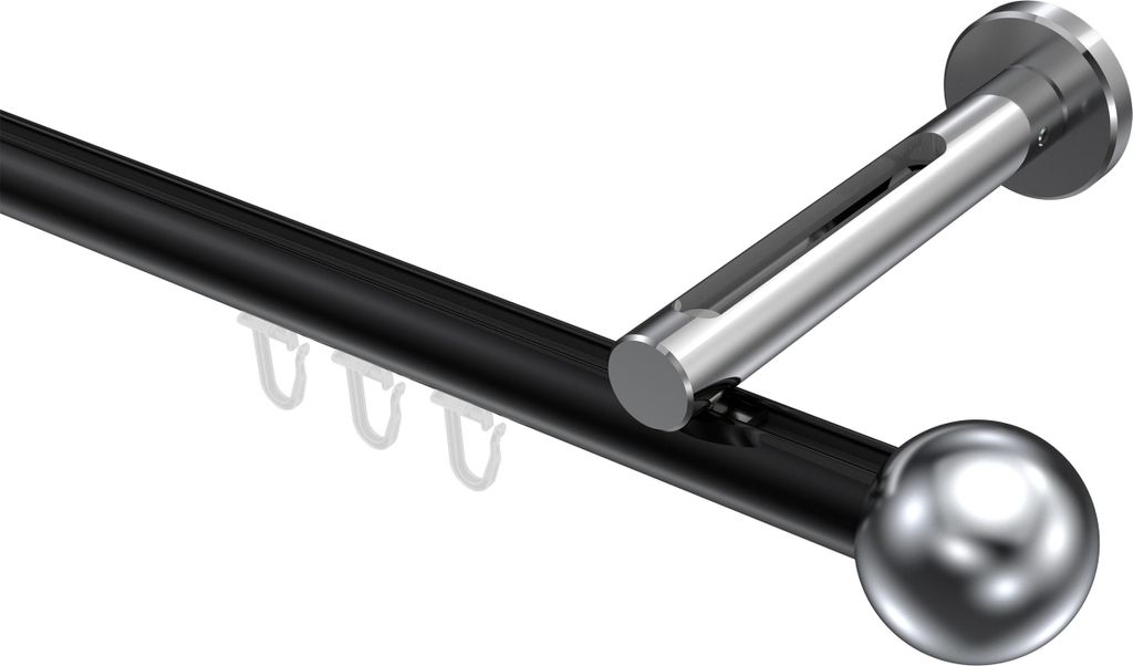 Interdeco Innenlaufstange / Gardinenstange mit Innenlauf Schwarz / Chrom, Typ Siteno Luino (Kugel), 20 mm Ø 1-läufig, 480 cm