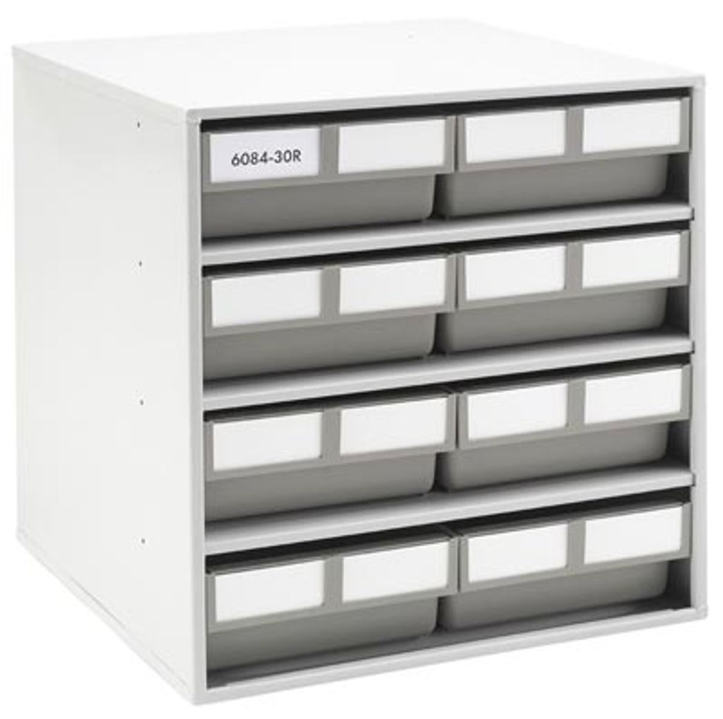 Schubladenmagazin, BxTxH 400x300x395 mm, 8 PP-Schubladen/grau, BxTxH 186x300x80 mm + Etiketten, Rahmenfarbe grau