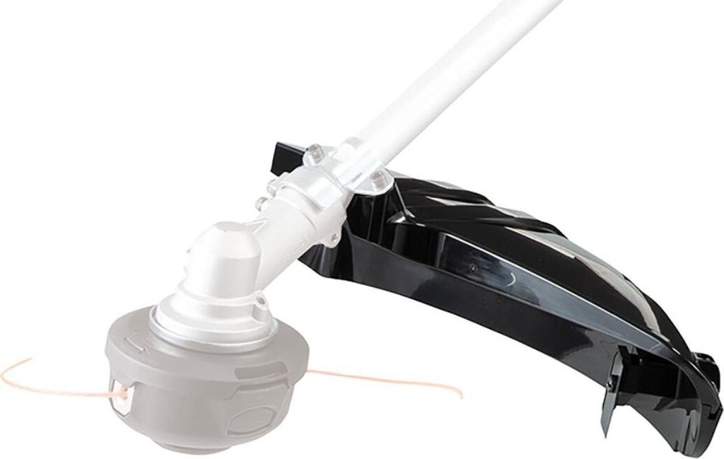 Close-up of a string trimmer head and guard.