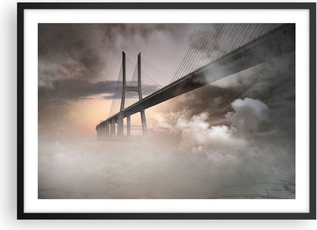 Gerahmtes Poster - Schwarzer Rahmen - Brücke Nebel Wasser - 70x50 cm - Wand Bild - Wanddeko - Wandbilder - Kunstposter - Wandposter - Bilderrahmen...