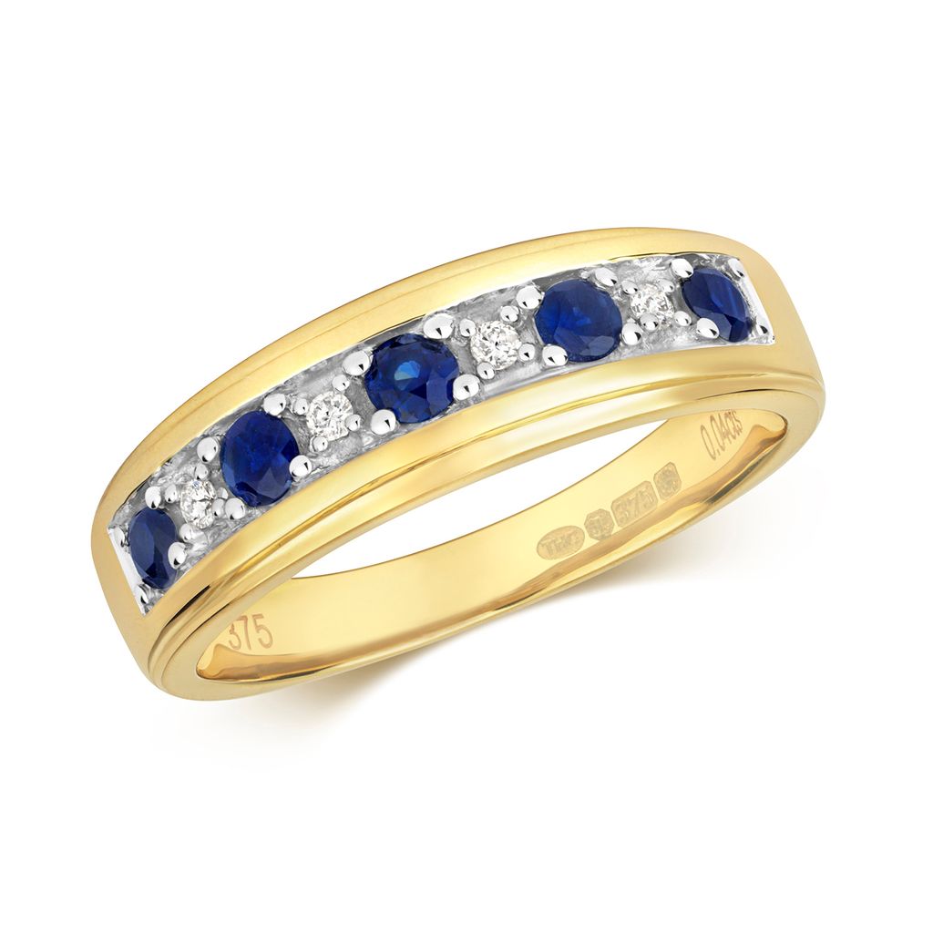 Funkelndes Feuer Klassischer 9 Karat (375) Gold Halb Eternity Damen - Diamant Ring Brillant-Schliff H - PK1 mit Saphir, 53 (16.9); TRS291159KYRSM