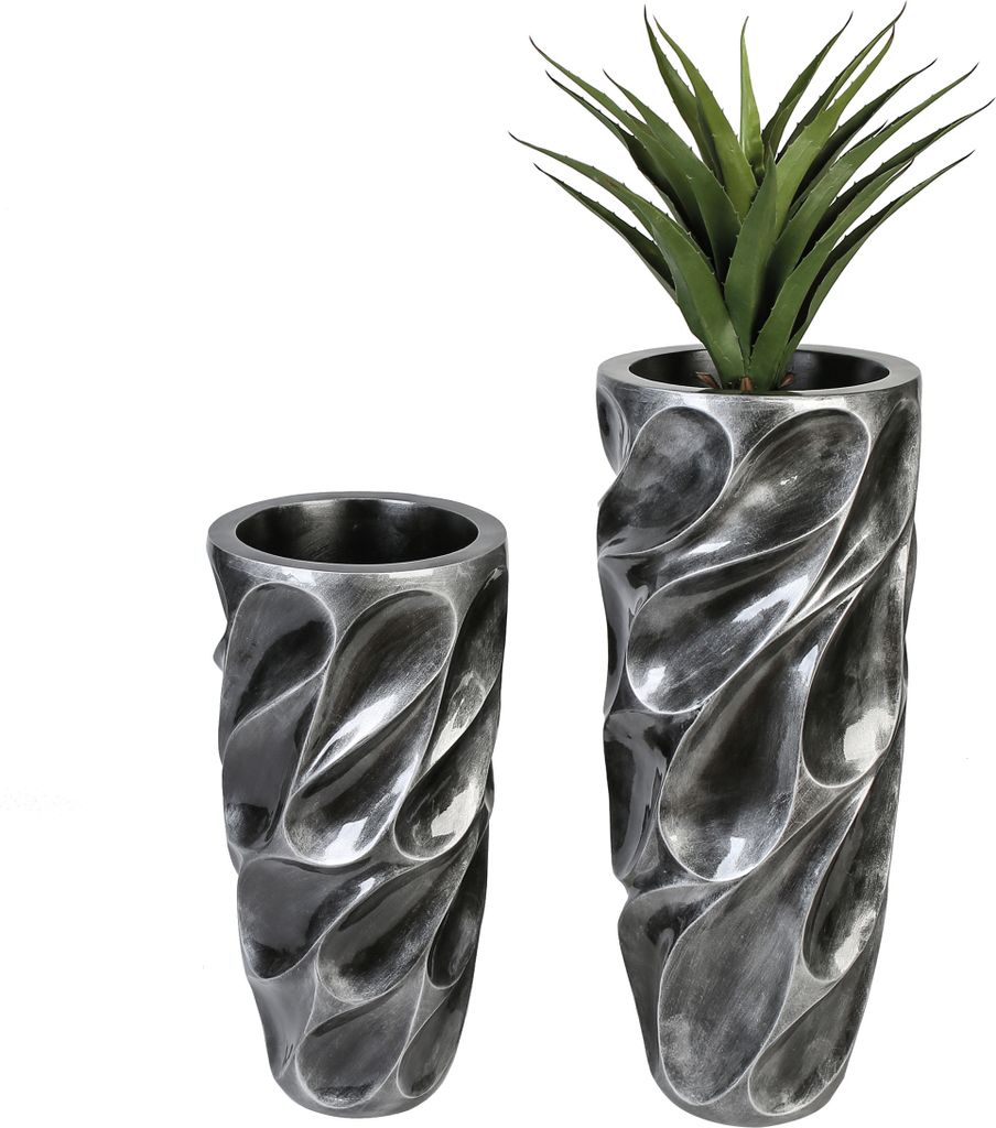 Gilde Übertopf XXL, "Drop", Fiberglas, Poly, silberfarben, VE 1, H. 90 cm, D. 36 cm 79936