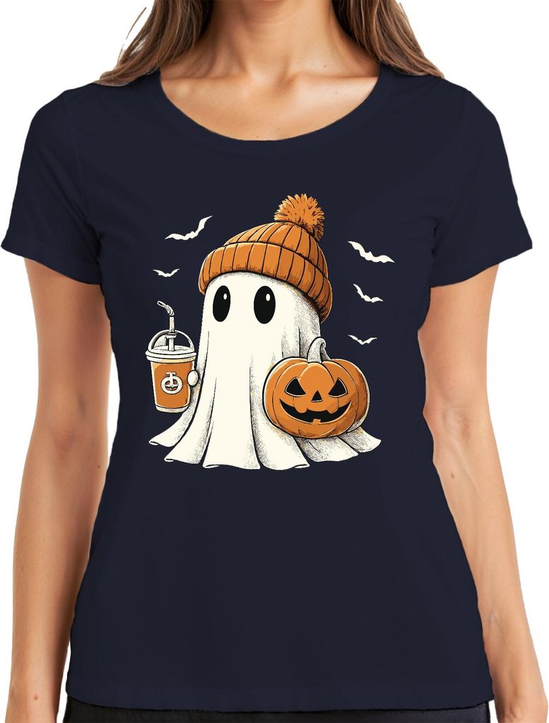 Geist Kürbis Halloween niedlich Beanie Kaffee Herbst süß gruselig Damen T-Shirt, Navy, XL