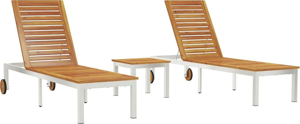 Sonnenliegen 2 Stück mit Tisch aus massivem Akazienholz, Sonnenliege mit Rädern 207x58x35 cm aus massivem Akazienholz und rostfreiem Stahl, Garte...