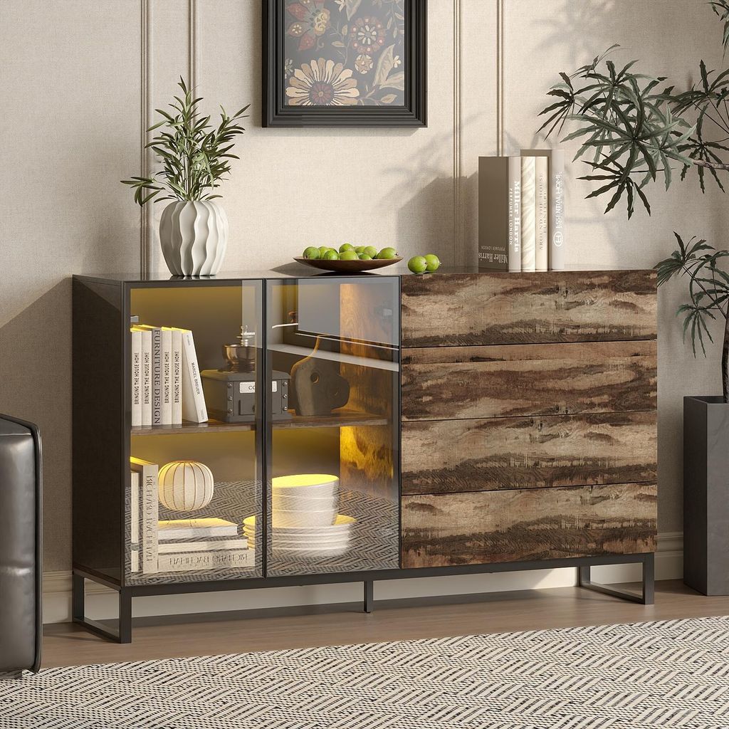 Sideboard 160x40x95cm Schwarz Vintage-Holzoptik, Vitrine Produktbild 