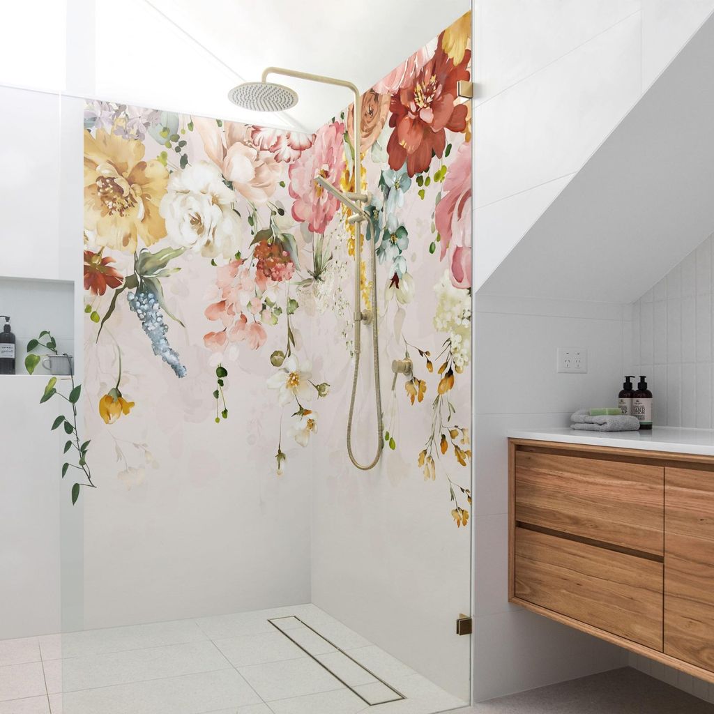 Duschrückwand Blumen selbstklebend - 0.35 mm Wandpaneel wasserfest Ranke pastell Aquarell Badrückwand fugenlos Smart matt 100x210 cm