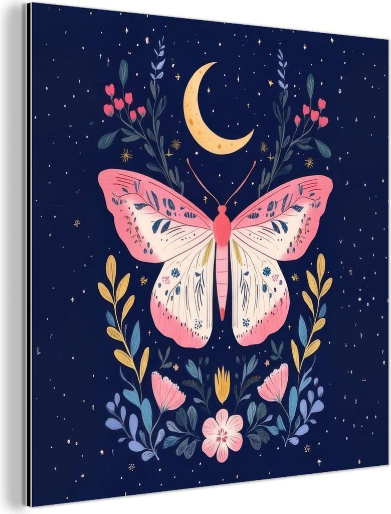 MuchoWow Wanddekoration Metall Metallbild Wandkunst 90x90 cm Schmetterling - Mond - Blumen - Sternenhimmel MuchoWow Aluminium Gemälde - Dekoration...