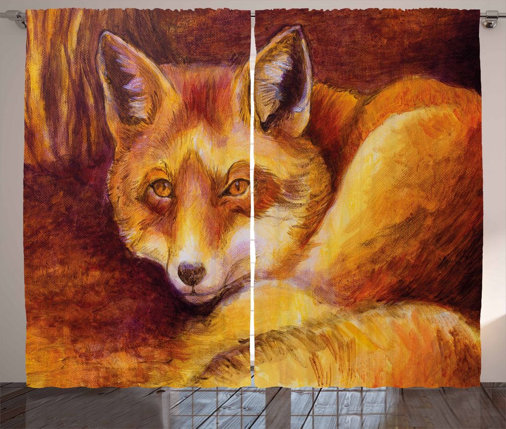 ABAKUHAUS Fuchs Rustikaler Gardine, Lebendige Art Fox ruht, Schlafzimmer Kräuselband Vorhang mit Schlaufen und Haken, 280 x 225 cm, Siena Orange Gelb