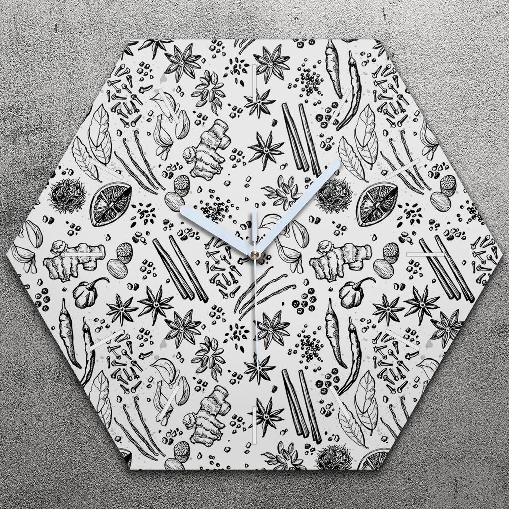 Uhr hexagonal 40 cm Glas Geräuschlos weiße Zeiger - Kräuter Gemüse