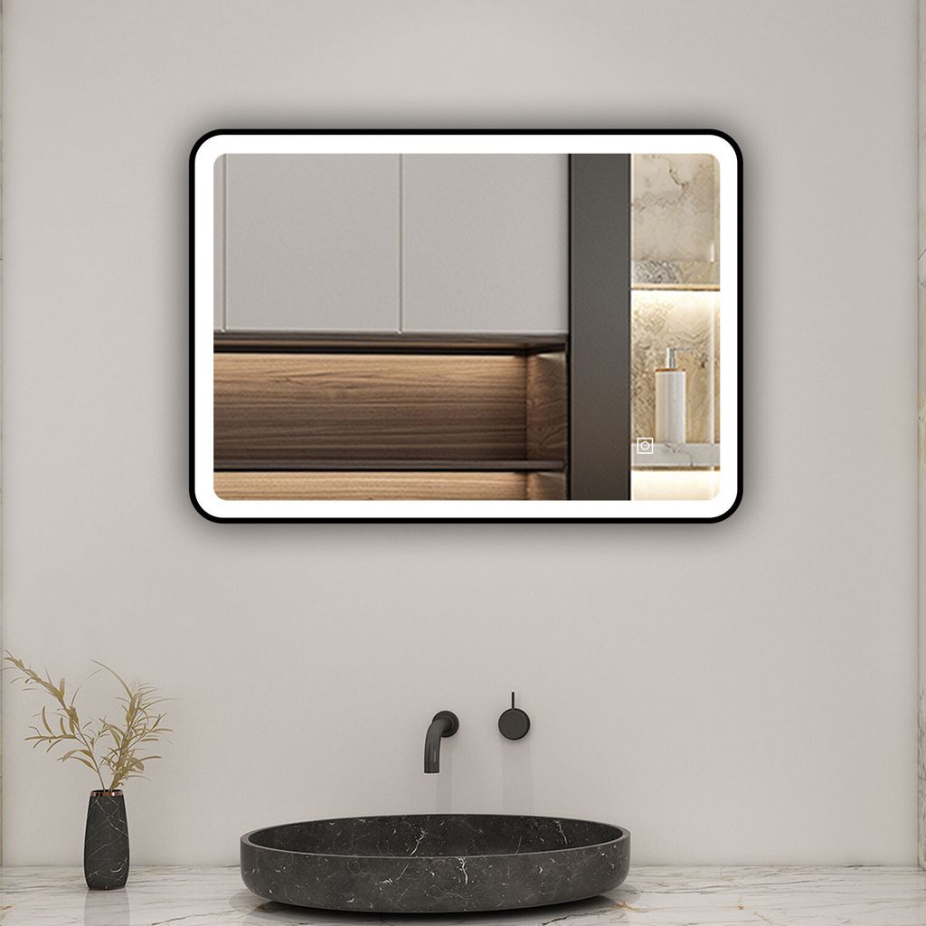 Schwarzer Rahmen Badspiegel mit 70X50cm Warm/Neutral/Kaltweiß dimmbar Memory Touch/Wandschalter Beschlagfrei Wandspiegel Spiegel mit Explosionsges...