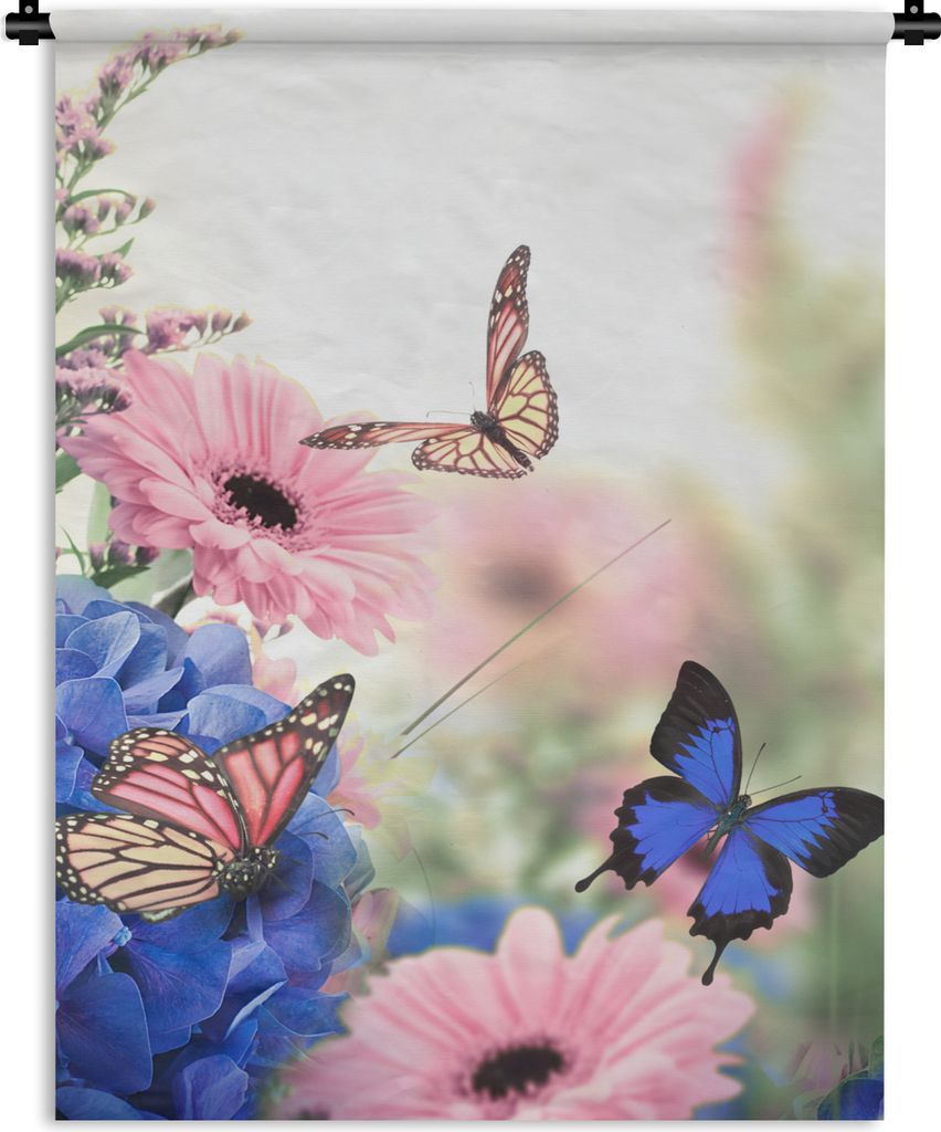 MuchoWow Wandteppich Wandbehang Schmetterlinge - Blumen - Hortensien - Insekten 90x120 cm Tapisserie Dekoration Wandtuch - Wanddeko
