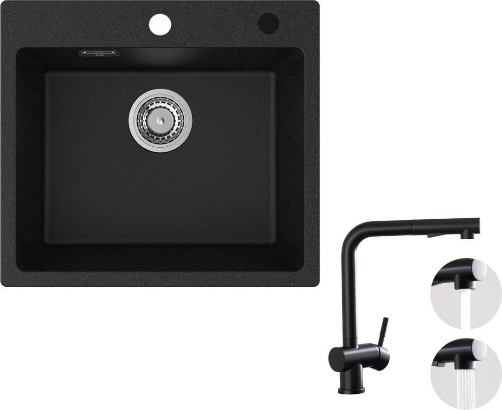 A black granite sink and a black faucet are shown against a white background.