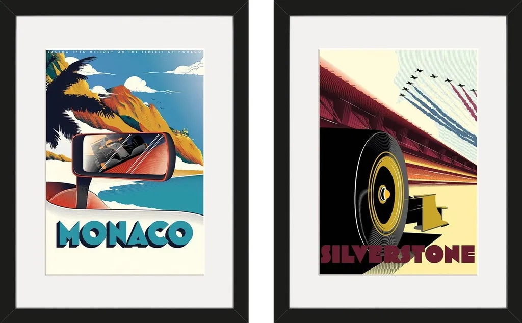 Duo de Cadres Photo Zoom F1 Monaco Silverstone 40x30cm Finition Noire Mat
