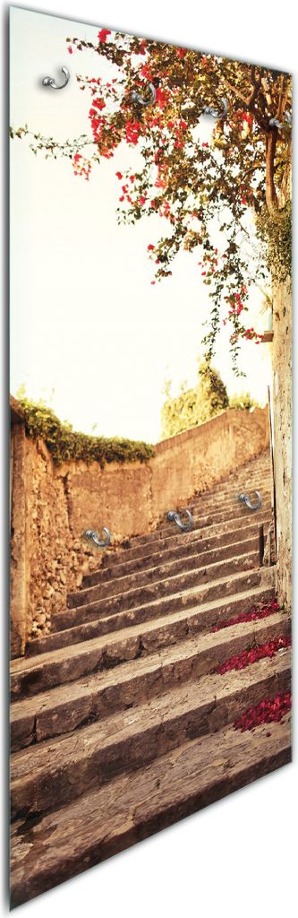 Wallario Flurgarderobe Wandgarderobe aus Glas, mit 7 Haken, Größe 50 x 125 cm, Motiv Steinerne Treppe in Italien