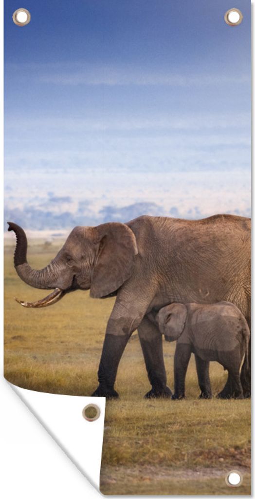 MuchoWow 80x160 cm Outdoor-Poster Gartendeko Sichtschutz Garten Poster für den Garten Nasse Pfoten eines Elefantenbabys und seiner Mutter