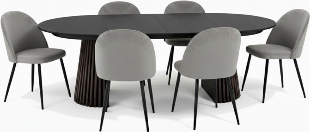 Tokyo Essgruppe Esstisch schwarz, 6 Stühle aus grauem Velours.