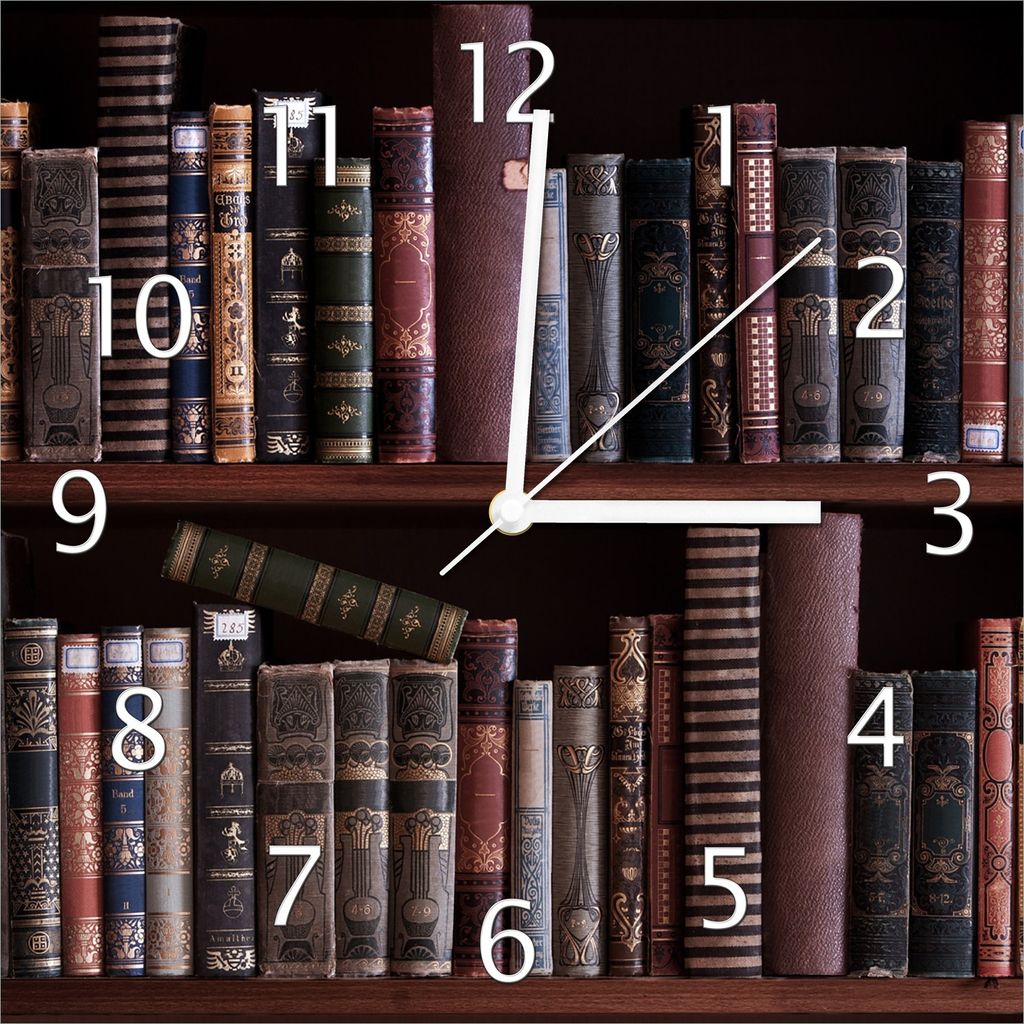 Wallario Design Wanduhr Bücherregal mit alten Büchern aus Echtglas, Größe 30 x 30 cm
