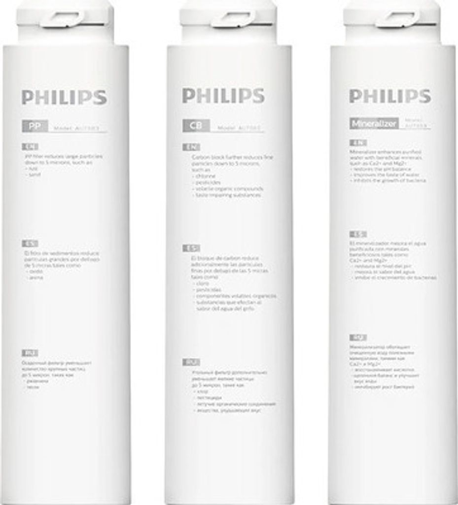 Three white Philips water filter cartridges are arranged side-by-side against a white background.