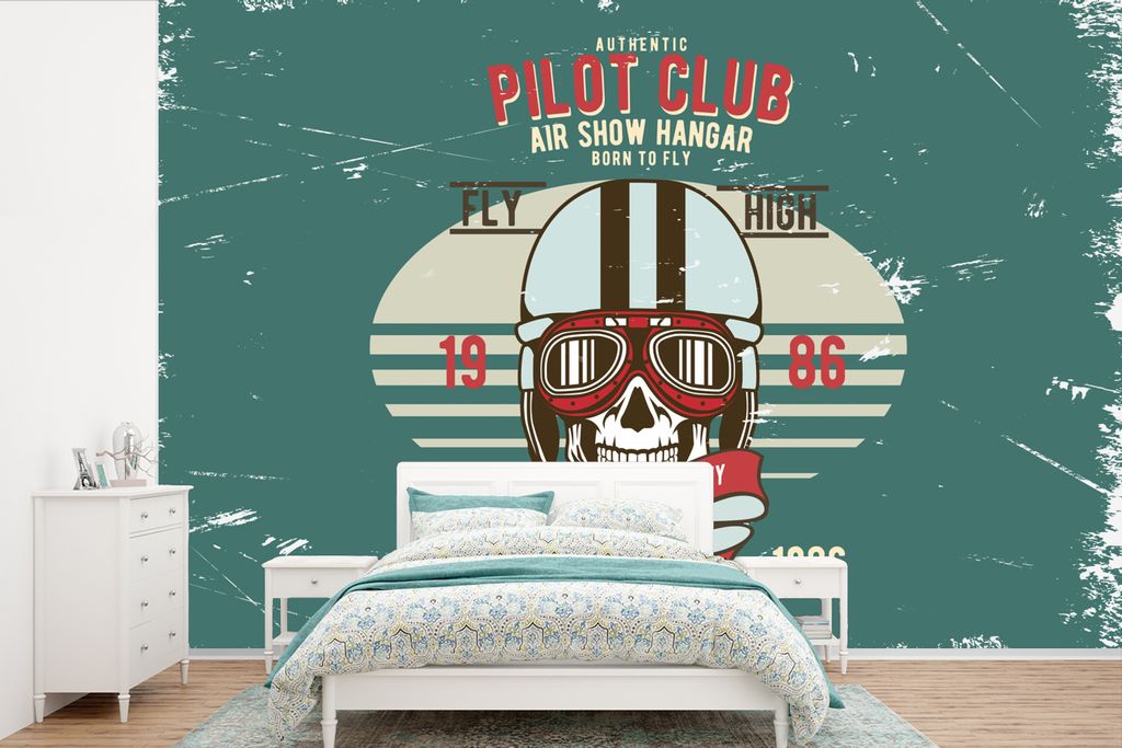 MuchoWow Fototapete für Wohnzimmer oder Schlafzimmer Wandtapete Vinyl Motivtapete Totenkopf - Kleidung - Pilot - Vintage - 330x220 cm - Fototapeten