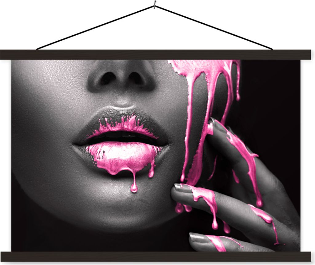 MuchoWow Textilposter Lippen - Rosa - Schwarz 150x100 cm mit schwarzem Rahmen - Schlafzimmer