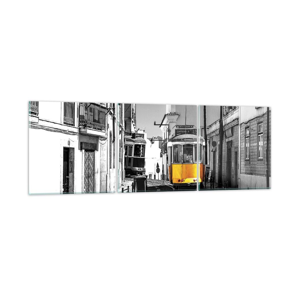 Bilder auf glas - 3 Teile - Straßenbahn Portugal Lissabon - 120x40cm - Glasbilder - Wandbilder - Bilder - Wanddekoration aus Glas - Glas Bilder - ...