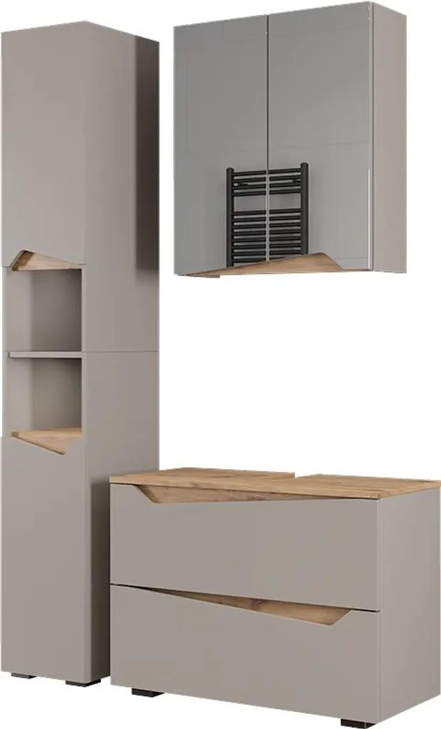 Aménagement salle de bain grège Vicco Marelle 3 parties et meuble haut