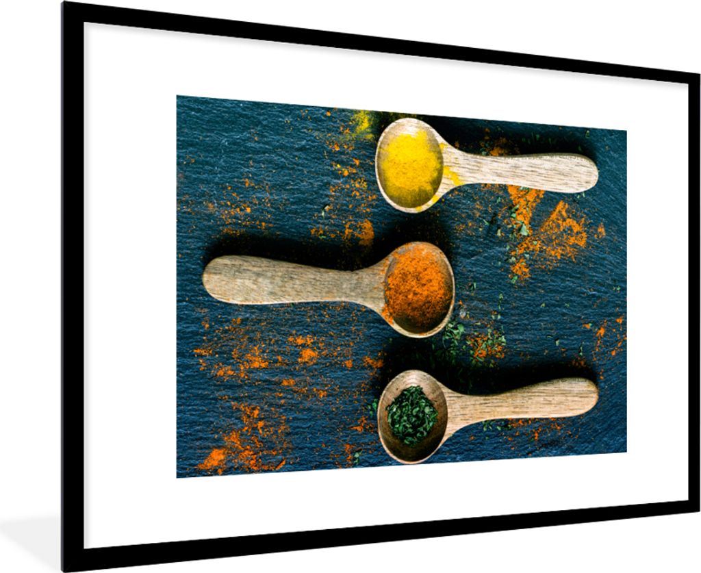 MuchoWow Gerahmtes Poster Gewürze - Löffel - Kräuter - Braun - Gelb - Grün 90x60 cm - Poster mit Schwarzem Bilderrahmen Wandposter Rahmen Fot...