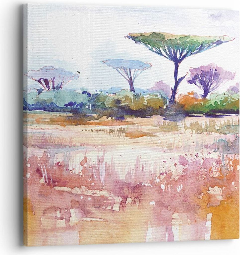 Bild auf Leinwand - Leinwandbild - Einteilig - Aquarell Savanne Bäume - 40x40cm - Wand Bild - Wanddeko - Wandbilder - Leinwanddruck - Bilder - Wan...