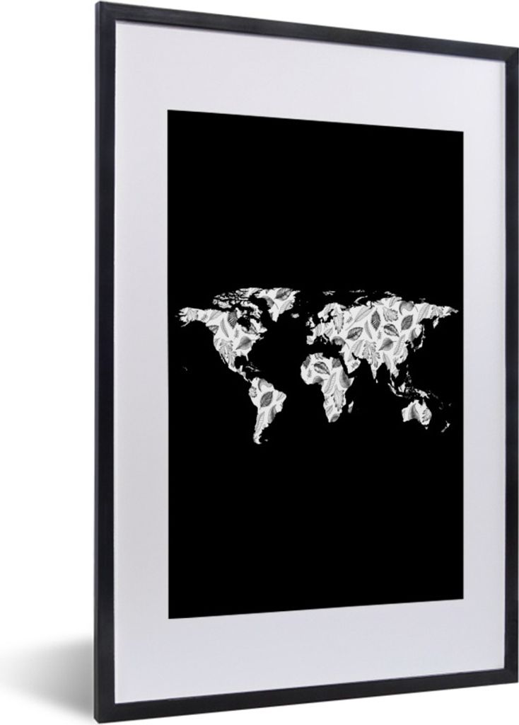 MuchoWow Gerahmtes Poster Weltkarte - Blätter - Design 40x60 cm - Poster mit Schwarzem Bilderrahmen Wandposter Rahmen Foto Bilder - Poster in Ra...