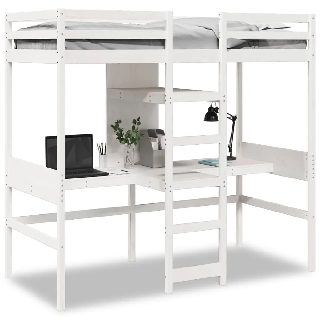 Lit surélevé 80x200 cm en pin massif blanc avec barrières de sécurité
