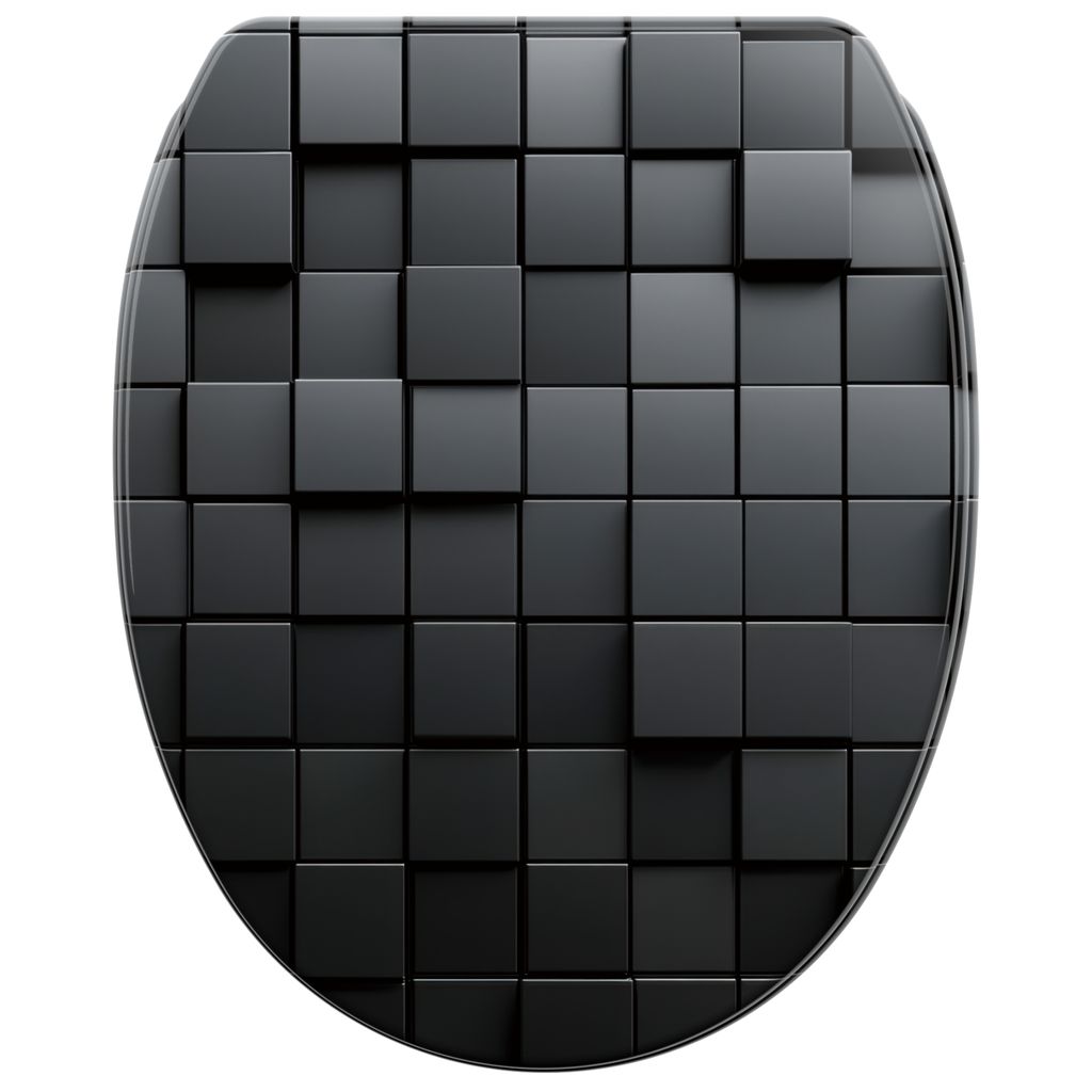 A black toilet seat with a textured cube pattern.