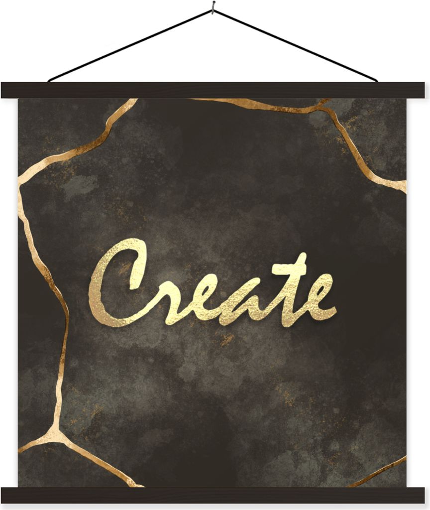 MuchoWow Textilposter Zitat - Kreativ - Gold - Schwarz 120x120 cm mit schwarzem Rahmen - Aufhängungsset