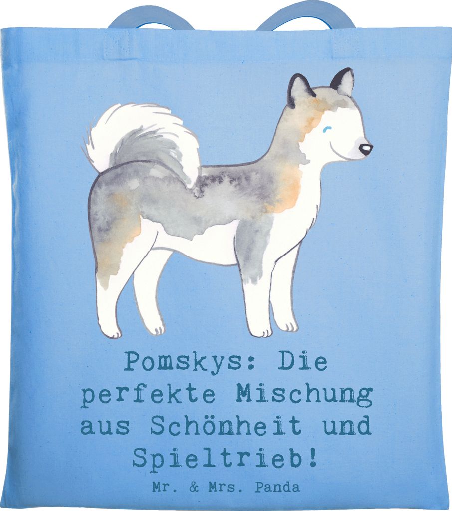 Mr. & Mrs. Panda Tote Bag Pomsky Perfektion - Sky Blue - Geschenk, Schultasche, Jutebeutel, Hundeliebhaber, dokumententasche, Hund, Tasche, verspie...