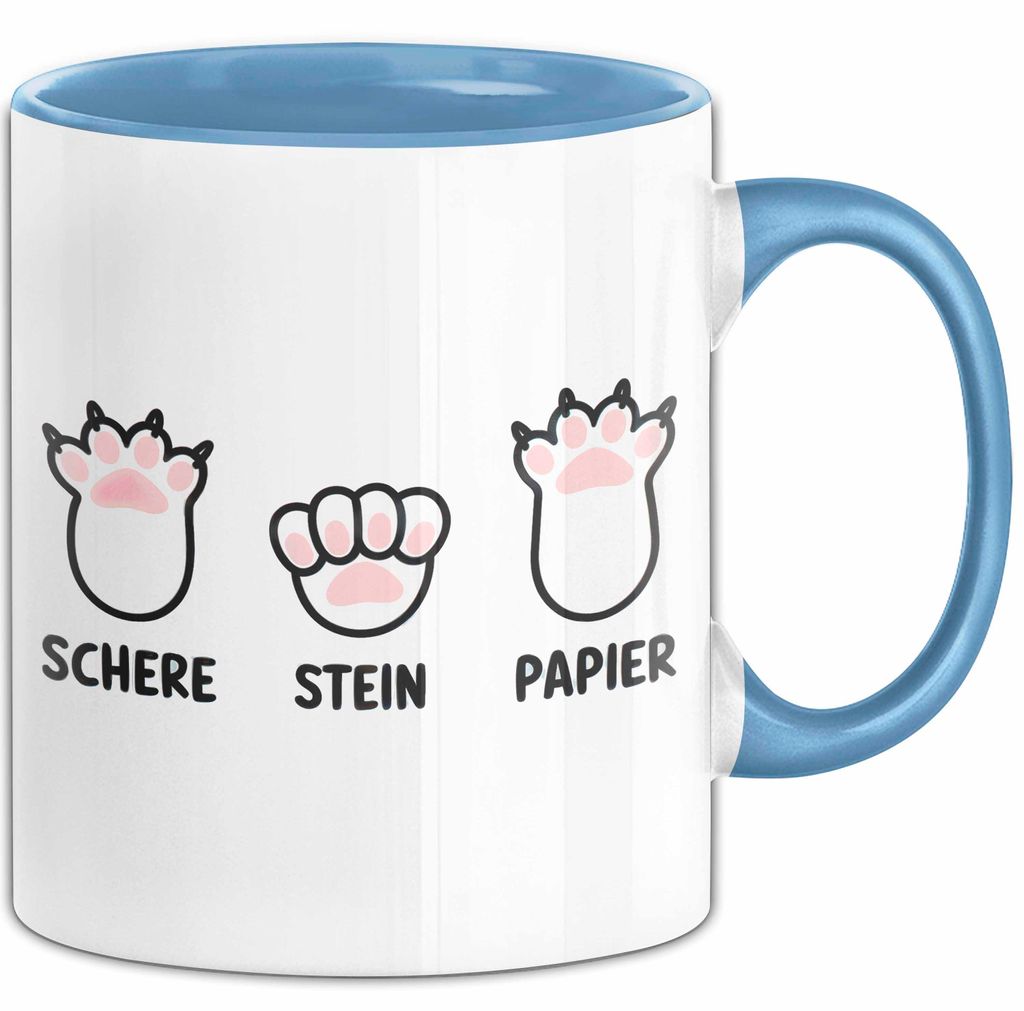 Katzen Tierliebhaber Tasse Geschenk Lustige Geschenkidee Spruch Schere Stein Papier (Blau)