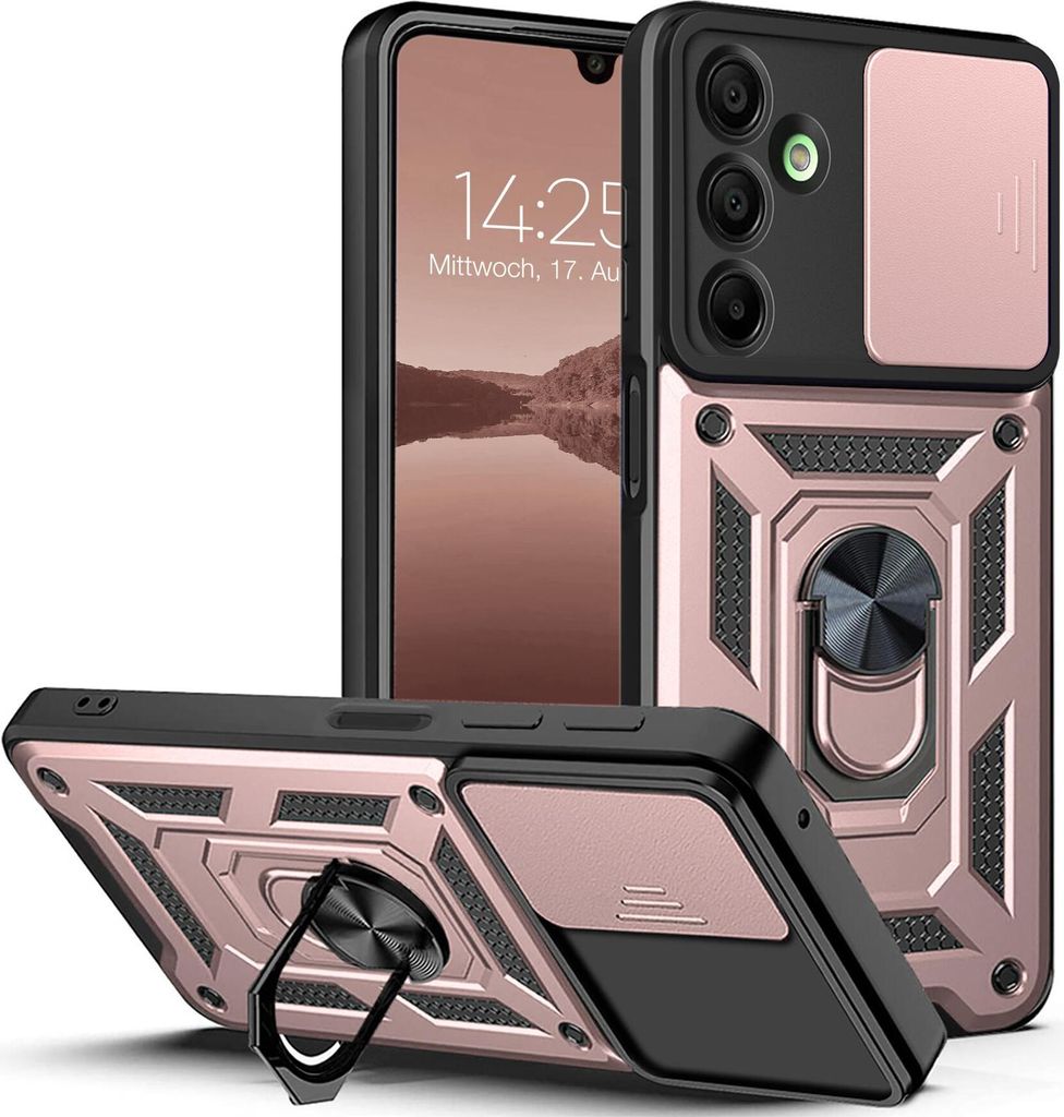 A product shot of a phone case with a ring holder and camera cover, displayed from multiple angles.