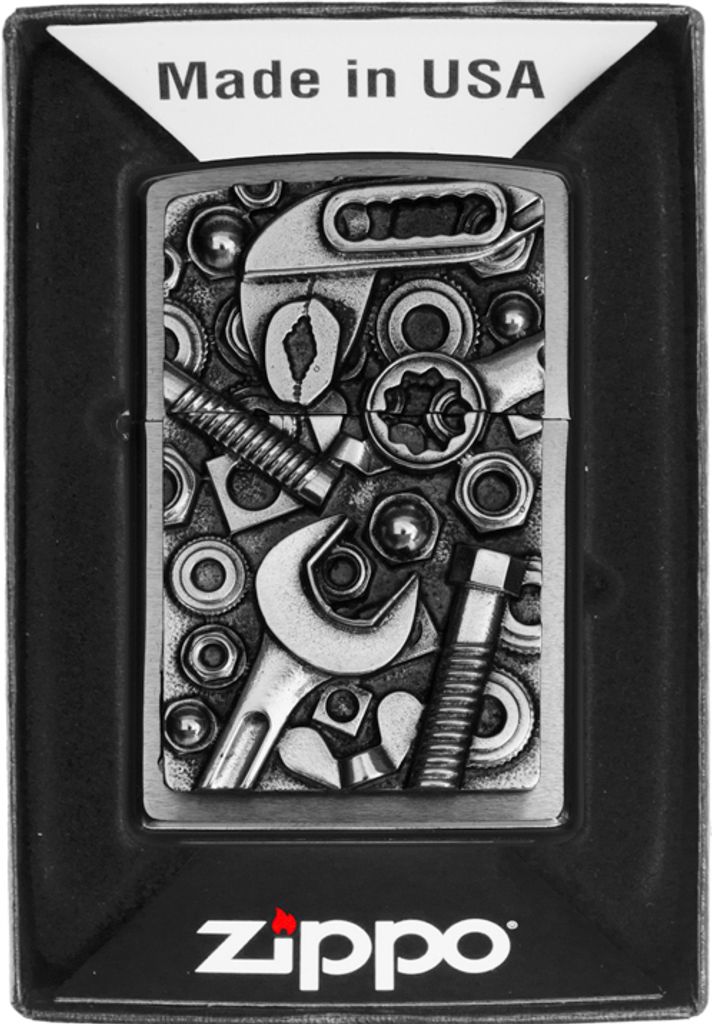 Zippo Sturmfeuerzeug Chrom gebürstet Plakette Screws and Tools 2007674 mit Werkzeugmotiv