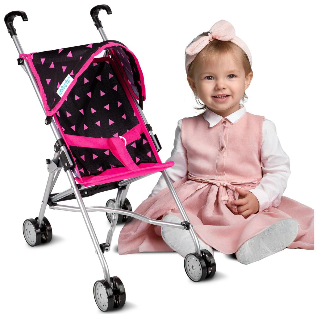 Kinderplay Puppenbuggy KP0290R – Leichter faltbarer Puppenwagen mit Doppellrädern und Sicherheitsgurt – Griffhöhe 54 cm