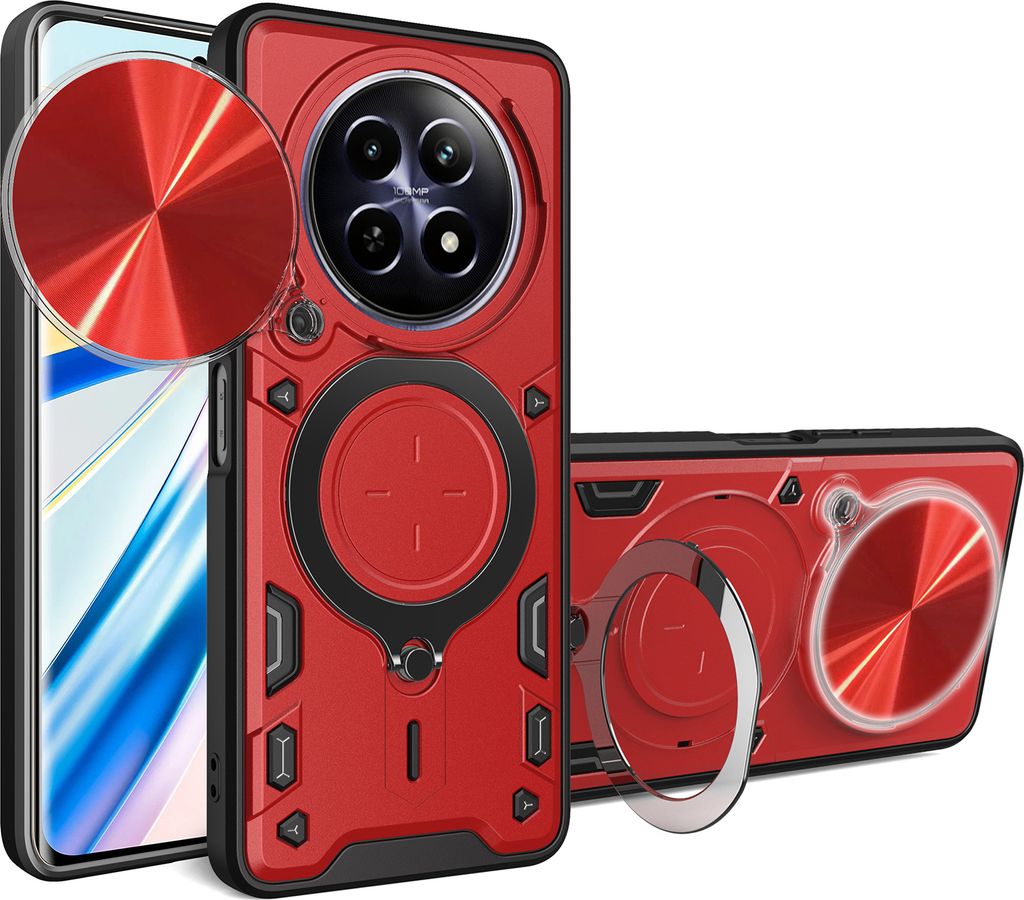 Handyhülle für Realme 12 Dual-Layer Stoßfest Rüstung Hülle mit Dia Kameraschutz und Kreisförmig Ring Ständer Rot