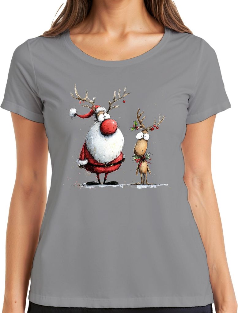 Weihnachtsmann Rentier Lustig Weihnachten Geschenk Retro Cartoon Damen T-Shirt, Grau, XL