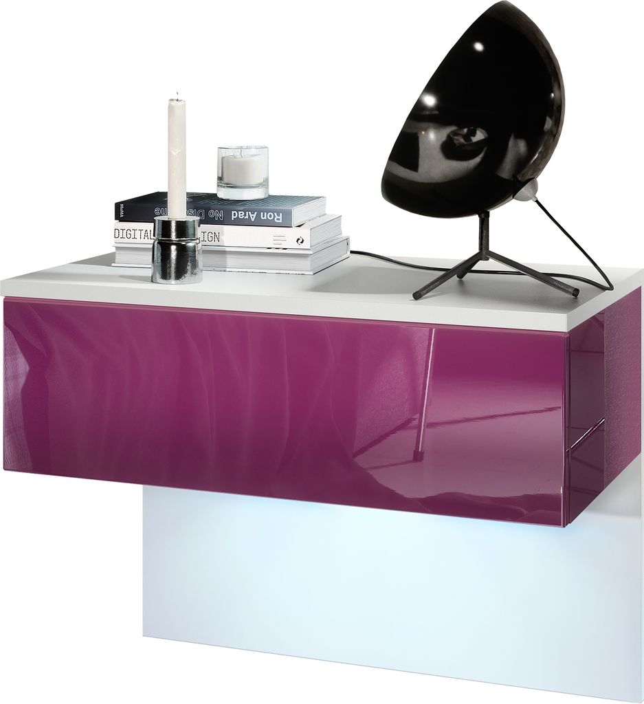 Vladon Nachttisch Sleep, Germany, Nachttischschrank mit Schublade zur Wandmontage, Weiß matt/Brombeer Hochglanz, inkl. LED-Beleuchtung (60 x 46 x...