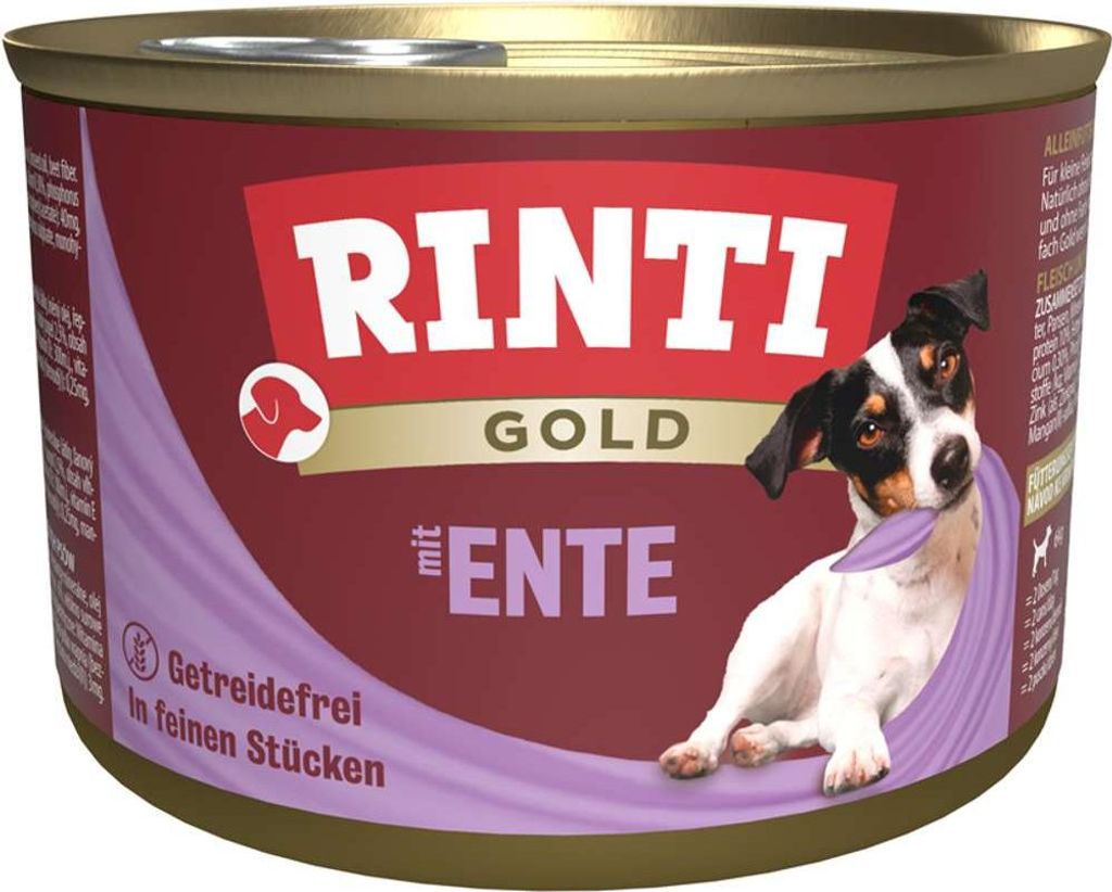 Rinti Gold Hundefutter mit Ente, Alleinfuttermittel, 70% Fleisch, 12x185g